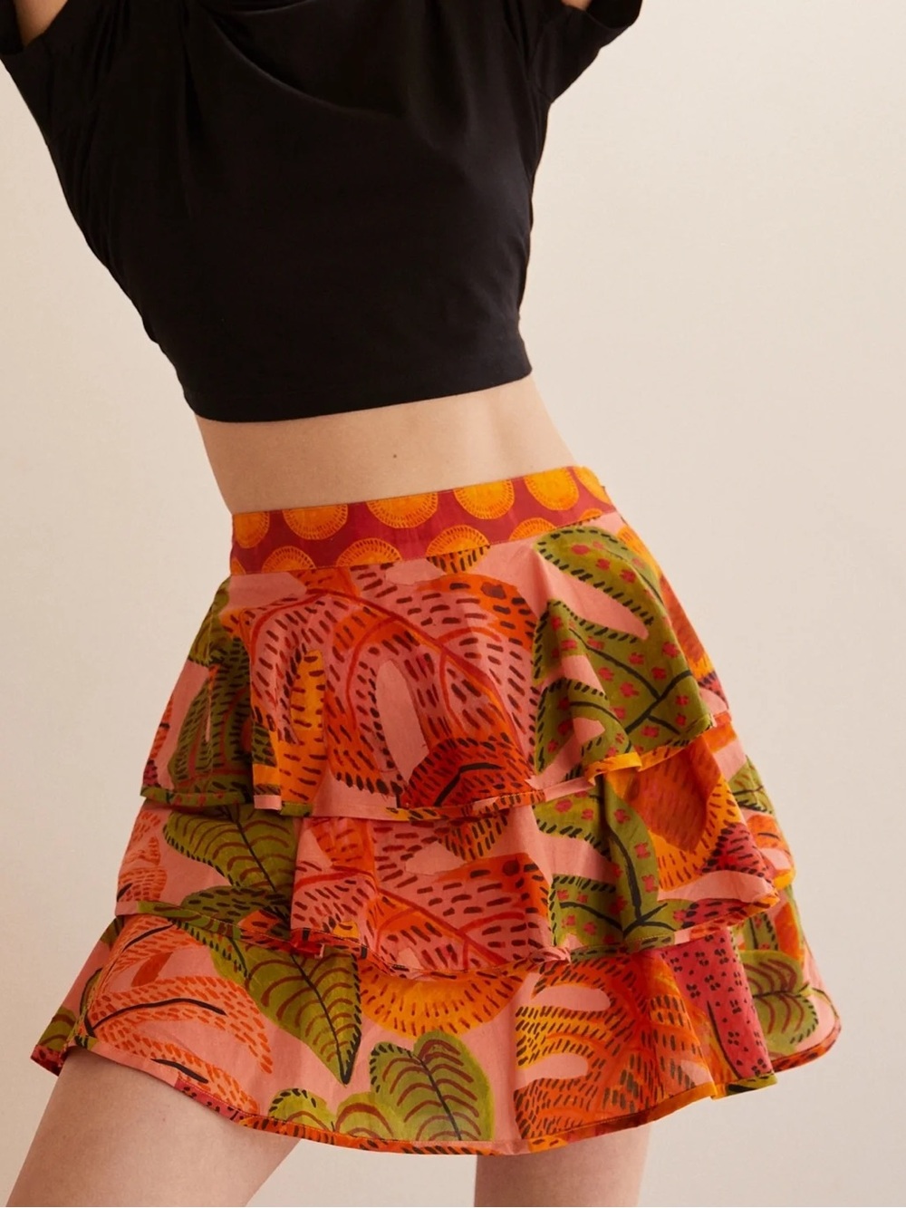 NWT FARM Rio Summer Dream Mini Skirt XS Pink Tropical Tiered Ruffle Cotton